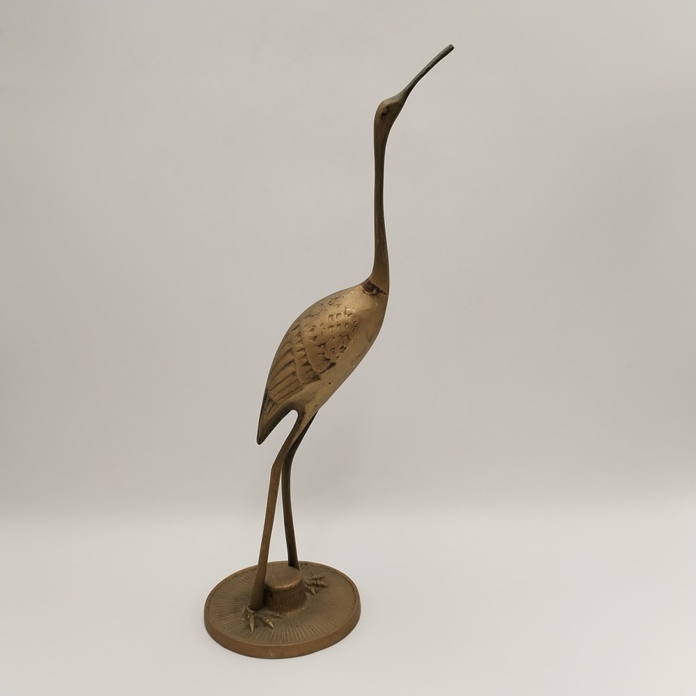 Vtg Brass Crane Bird Figurine Heron Egret Statue Mid Century Modern 11.5" Beach